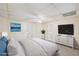 Virtually staged basement bedroom with TV and closet at 589 Lantern Wood Dr, Scottdale, GA 30079