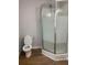 Modern bathroom with walk-in shower and frosted glass, plus wood-look flooring at 2467 Shady Grove Rd, Carrollton, GA 30116