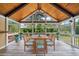 Inviting screened porch with high vaulted wood ceilings, fan, and a scenic backyard view at 289 Barn Rd, Canton, GA 30115