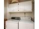 Functional laundry room with washer, dryer, and upper storage cabinets at 1526 N Cherokee N Rd, Social Circle, GA 30025