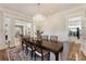 Elegant dining room features wood floors, a chandelier, wainscotting, and access to other living areas at 8380 Sentinae Chase Dr, Roswell, GA 30076