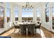 Dining room with a modern chandelier, hardwood flooring, and a bay of windows offering panoramic views at 8380 Sentinae Chase Dr, Roswell, GA 30076