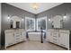 A luxurious bathroom with dual sinks, stylish lighting, soaking tub, and great light at 1250 Olympic Dr, Oxford, GA 30054