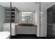 Elegant bathroom with a stone counter, vessel sink, and modern fixtures at 199 14Th St # 3003, Atlanta, GA 30309