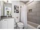 Modern bathroom with a shower/tub combo, white vanity, and gray tile at 1145 Kirkwood # 4, Atlanta, GA 30316