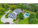 Aerial view of the property showcasing a sparkling pool, lush landscaping, and attached garages at 710 Cox Rd, Roswell, GA 30075