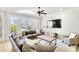 Cozy living room features a large sectional, ceiling fan, and backyard views at 710 Cox Rd, Roswell, GA 30075