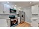 Modern kitchen with teal appliances and white shaker cabinets at 1695 Bull Sw Run, Lilburn, GA 30047
