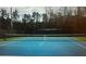 A well-maintained blue and green tennis court with a net and fencing, surrounded by trees at 6945 Melody Dr, Buford, GA 30518