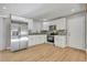 Modern kitchen with stainless steel appliances, white cabinets, and tiled backsplash, door to the outside at 5380 Saint Lo Ln, Atlanta, GA 30349