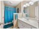 Cozy bathroom with a blue shower curtain and white vanity at 1101 Collier Nw Rd # V6, Atlanta, GA 30318