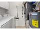 Utility room features a white washer and dryer, hot water heater, and energy guide at 1101 Collier Nw Rd # V6, Atlanta, GA 30318
