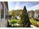 Back view of a stone structure with a lawn, mature trees, and a garden at 1 Brookhaven Ne Dr # 301, Atlanta, GA 30319