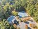 Aerial view of community amenities featuring a pool, tennis courts, parking, and lush green landscaping at 3420 Aviary Ln, Acworth, GA 30101