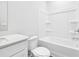 Clean bathroom featuring a shower-tub combo, white fixtures, and a vanity with a solid surface at 6900 Winchester Pl, Fairburn, GA 30213