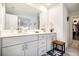 Double vanity bathroom with gray cabinets and a walk-in closet at 7787 Richmond Trl, Fairburn, GA 30213