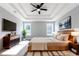 Spacious main bedroom featuring a tray ceiling, a ceiling fan, and natural light from the windows at 4187 Mistymorn Way, Powder Springs, GA 30127