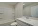 Bathroom with white vanity and shower/tub combo at 4529 Twinberry Dr, Powder Springs, GA 30127