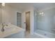 Bathroom with double vanity, walk-in shower, and linen closet at 4529 Twinberry Dr, Powder Springs, GA 30127