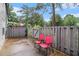 Cozy patio area features two red chairs and a wooden fence, perfect for outdoor relaxation at 257 Country Club Dr, Jonesboro, GA 30238