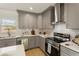 Modern kitchen with gray cabinets, stainless steel appliances, and white backsplash at 2605 Bobo Rd, Dallas, GA 30157