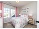 Cozy bedroom showcasing pink accents, butterfly wall art, and a floral comforter at 128 Kingsley Way, Acworth, GA 30102