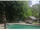 Backyard pool being cleaned with view of the fenced yard and trees at 4449 Inns Brook Dr, Snellville, GA 30039