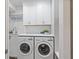 Modern laundry room featuring white cabinets, a subway tile backsplash, and new washer/dryer at 96 Grand Ave, Suwanee, GA 30024
