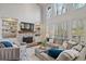 Cozy living room with stone fireplace, built-in shelving, and large windows at 96 Grand Ave, Suwanee, GA 30024