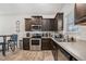 Modern kitchen with dark cabinets, stainless steel appliances, and wood-look floors at 6292 Hickory Lane Cir, Union City, GA 30291