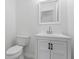 White half bathroom with a modern vanity, chrome faucet and framed mirror at 5728 Rock Shoals Way, Atlanta, GA 30349