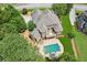 Aerial view featuring backyard pool, lush yard, beautiful landscaping, and private deck at 3215 Kylee Dawn Cir, Lawrenceville, GA 30045
