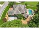 An aerial view showcases the home's roof, expansive backyard, and in-ground pool at 3215 Kylee Dawn Cir, Lawrenceville, GA 30045