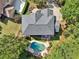 Stunning aerial view of a backyard with a pool, stone patio, and mature trees at 3950 Stanford Dr, Cumming, GA 30041