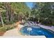 Backyard pool with surrounding patio, patio seating, lawn, and mature trees at 3950 Stanford Dr, Cumming, GA 30041