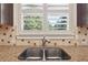 Kitchen sink with granite countertops and tile backsplash, with large windows at 3950 Stanford Dr, Cumming, GA 30041