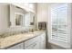 Bathroom with granite countertop, white cabinets and window shutters at 5060 Rosedown Pl, Roswell, GA 30076