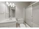 Clean bathroom with shower/tub combo and white vanity at 5615 Forkwood Nw Dr, Acworth, GA 30101