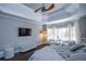 Spacious main bedroom with a large TV, bay window and ceiling fan at 605 Rose Creek Cir, Duluth, GA 30097