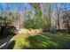 Fenced backyard with grassy area, playset, and mature trees at 6320 Bannerhorn Run, Alpharetta, GA 30005