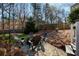 Brick patio with fire pit and wooded backdrop at 6320 Bannerhorn Run, Alpharetta, GA 30005