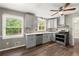 Modern kitchen featuring stainless steel appliances, grey cabinets and tile backsplash at 855 Riverbend Sw Dr, Lilburn, GA 30047