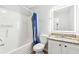 Clean bathroom with granite vanity and lighted mirror at 3736 Busker Mill Ln, Ellenwood, GA 30294