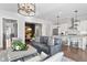 Open concept living room with gray sofa and kitchen island view at 1 Ganel Ln, Alpharetta, GA 30009