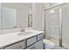 Bathroom featuring sleek fixtures, a glass-enclosed shower, and a modern vanity at 2131 Landsburg Way, Lawrenceville, GA 30043