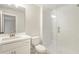 Clean bathroom with white subway tile shower and vanity at 152 Palm St, Holly Springs, GA 30115