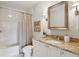 Modern bathroom with granite countertop, white cabinets, and a shower/tub combo at 2795 Peachtree Ne Rd # 703, Atlanta, GA 30305
