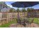 Relaxing patio features a table and chairs under an umbrella at 54 Devonshire Dr, Alpharetta, GA 30022