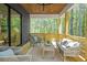 Comfortable outdoor seating on covered porch with wood ceiling and railing overlooking tranquil wooded backyard setting at 160 Cedarwood Ln, Roswell, GA 30075
