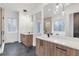 Spa-like bathroom with double vanity, large mirror, and walk-in shower at 160 Cedarwood Ln, Roswell, GA 30075